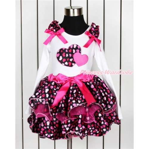 Valentine's Day White Baby Long Sleeves Top with Hot Light Pink Heart Ruffles & Hot Pink Bow & Hot Pink Sweet Twin Heart Print with Hot Pink Bow Hot Pink Hot Light Pink Heart Petal Baby Pettiskirt NQ17 